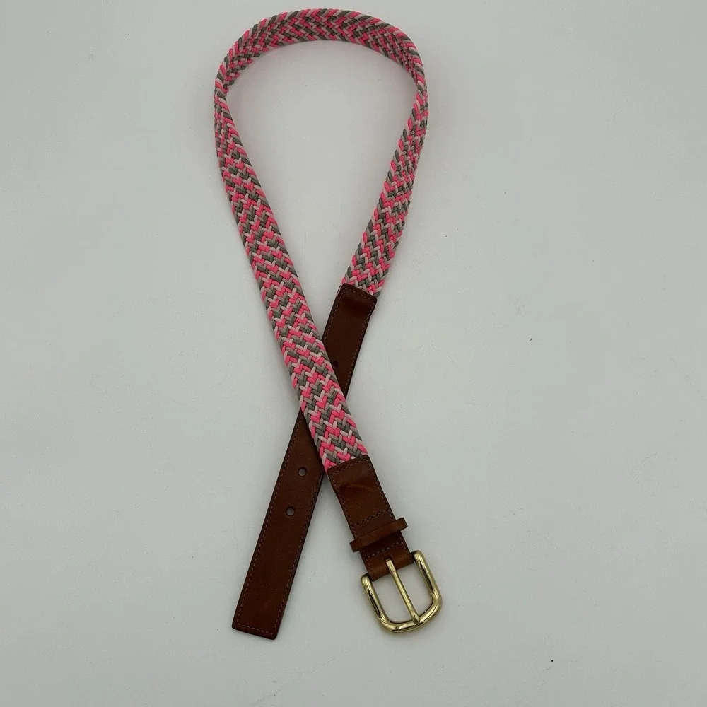 J Crew Belt Women's M‎ Pink Braided  Leather Tab Brass D Ring Buckle Made USA - Picture 2 of 6